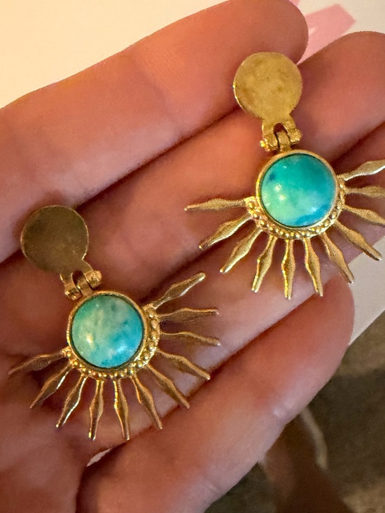 turkey Jewelry - Turkish Gold Played Sunburst Drop Earrings with Turquoise-Colored Natural Stone